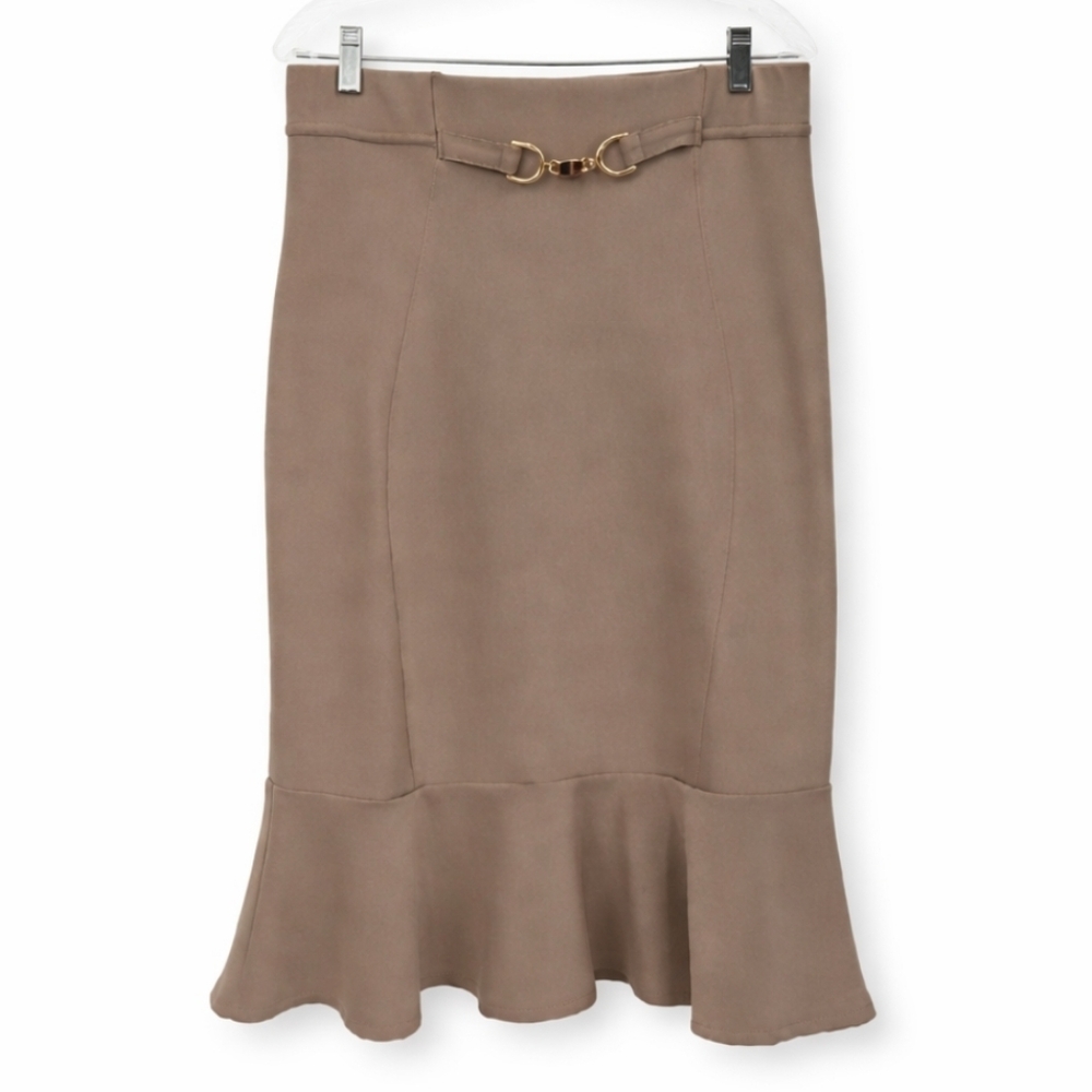Harper By Block Taupe Fit & Flare Ruffle Hem Equestrian Buckle Midi Skirt Sz XL